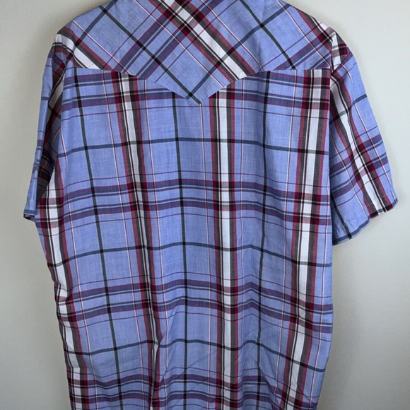 Wrangler Mens Large Blue & Pink White Pearl Snaps Short Sleeve *w/Flaw - Picture 3 of 4